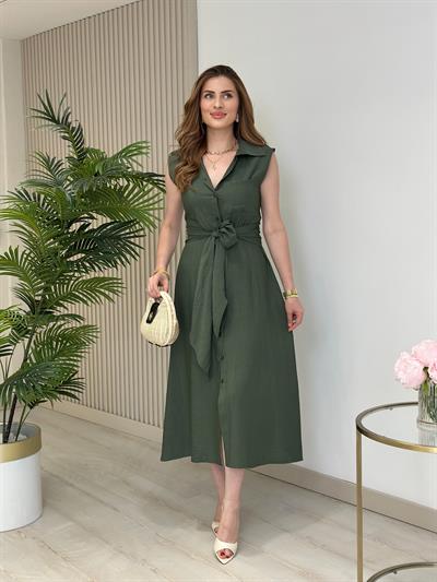 Beli Bağlamalı Gömlek Elbise Haki