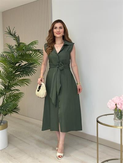 Beli Bağlamalı Gömlek Elbise Haki