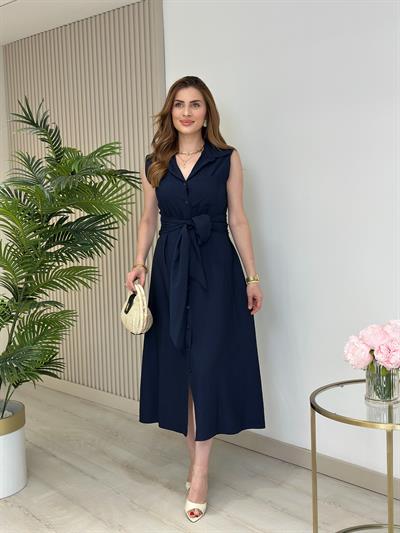 Beli Bağlamalı Gömlek Elbise Lacivert