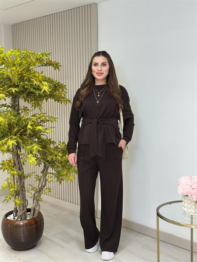 Beli Bağlamalı Modal Kumaş Takım Kahve