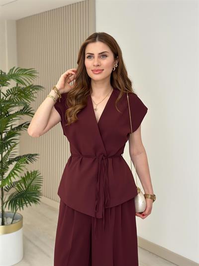 Beli Bağlamalı Premium Yelek Pantolon Takım Bordo