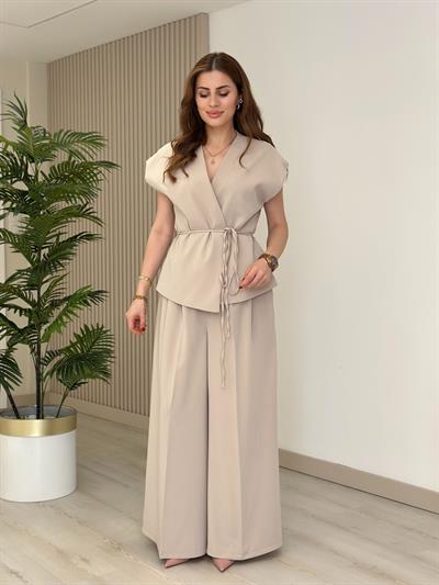 Beli Bağlamalı Premium Yelek Pantolon Takım Taş