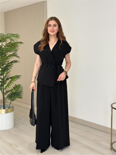 Beli Bağlamalı Premium Yelek Pantolon Takım Siyah