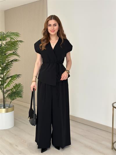 Beli Bağlamalı Premium Yelek Pantolon Takım Siyah