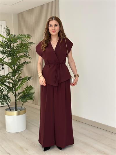 Beli Bağlamalı Premium Yelek Pantolon Takım Bordo