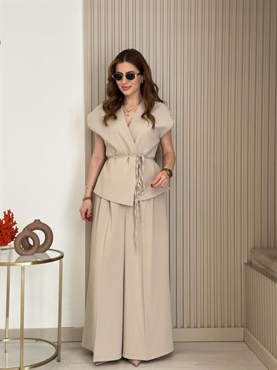 Beli Bağlamalı Premium Yelek Pantolon Takım Taş