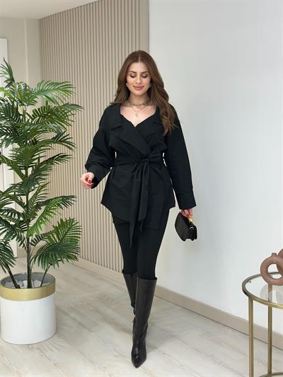 Beli Bağlamalı Tasarım Poplin Kumaş Bluz Siyah
