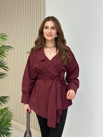 Beli Bağlamalı Tasarım Poplin Kumaş Bluz Bordo