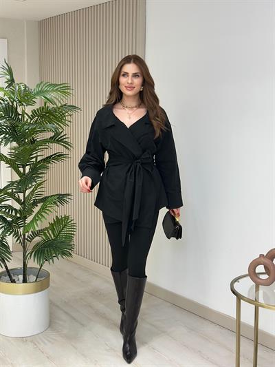 Beli Bağlamalı Tasarım Poplin Kumaş Bluz Siyah