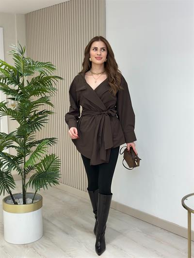 Beli Bağlamalı Tasarım Poplin Kumaş Bluz Kahverengi