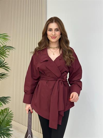 Beli Bağlamalı Tasarım Poplin Kumaş Bluz Bordo