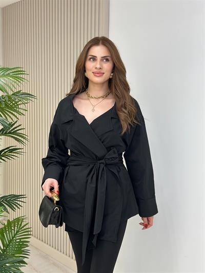 Beli Bağlamalı Tasarım Poplin Kumaş Bluz Siyah