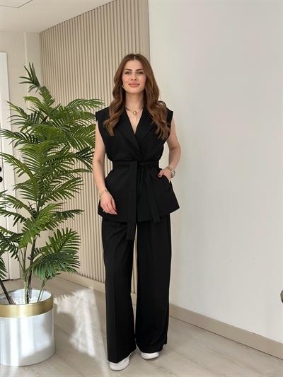 Beli Bağlamalı Yelek Palazzo Takım Siyah