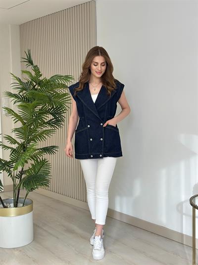 Beli Büzgülü Oversıze Kot Yelek Lacivert
