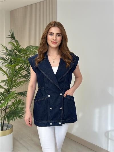Beli Büzgülü Oversıze Kot Yelek Lacivert