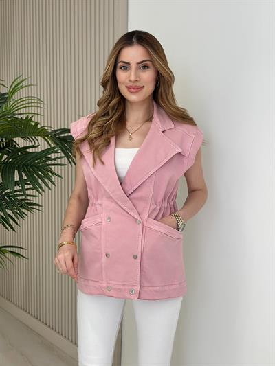 Beli Büzgülü Oversıze Kot Yelek Pembe