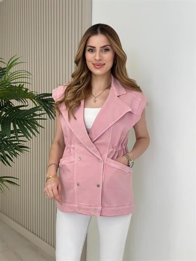 Beli Büzgülü Oversıze Kot Yelek Pembe