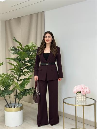 Beli Çift Kemerli Ceket Pantolon Takım Bordo