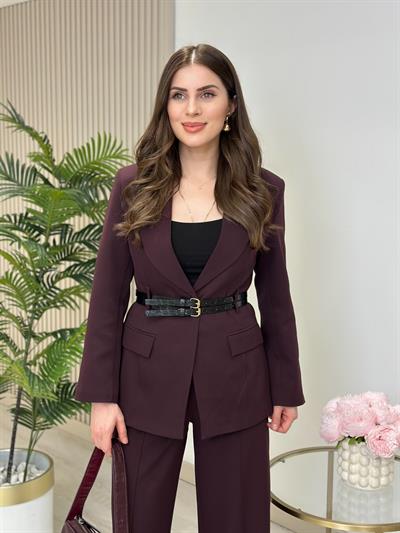 Beli Çift Kemerli Ceket Pantolon Takım Bordo