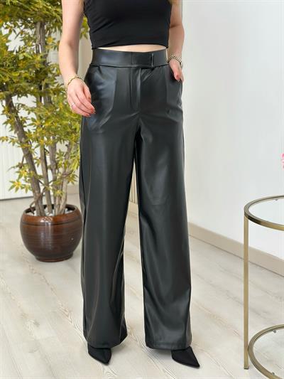 Beli Cırtlı Yüksek Bel Deri Pantolon Siyah