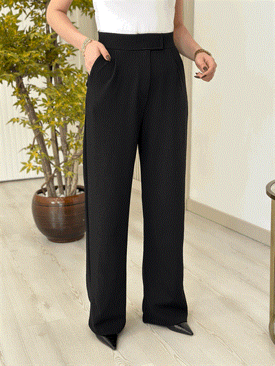 Beli Cırtlı Yüksek Bel Palazzo Pantolon Siyah