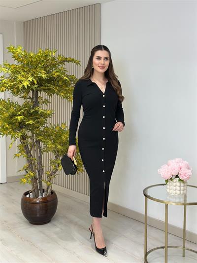 Beli Drapeli Gömlek Yaka Kalem Elbise Siyah