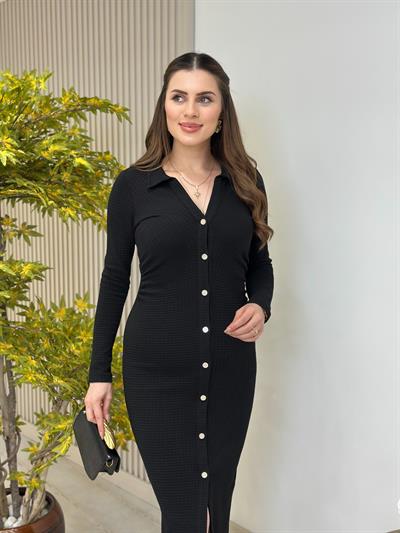 Beli Drapeli Gömlek Yaka Kalem Elbise Siyah