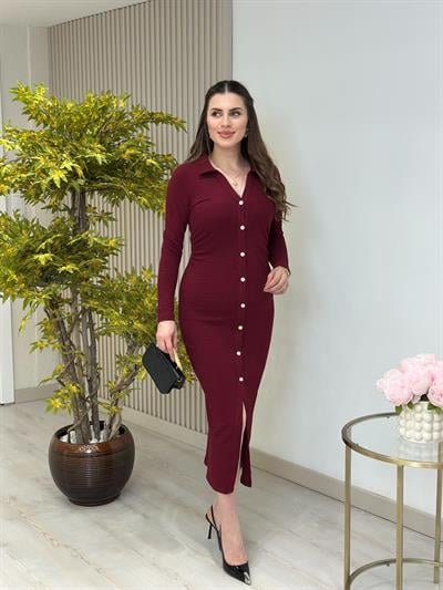 Beli Drapeli Gömlek Yaka Kalem Elbise Bordo