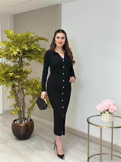 Beli Drapeli Gömlek Yaka Kalem Elbise Siyah