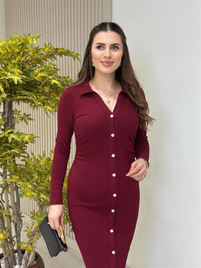 Beli Drapeli Gömlek Yaka Kalem Elbise Bordo