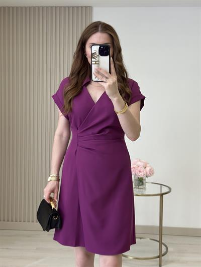 Beli Drapeli Lastikli Atlas Kumaş Elbise Mor