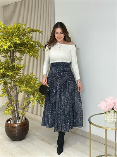 Beli Drapeli Şifon Etek Lacivert