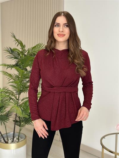 Beli Drapeli Simli Likralı Bluz Bordo