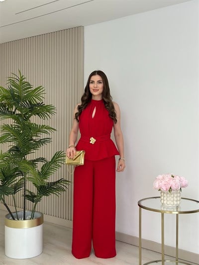 Beli Gold Broşlu Halter Yaka Tulum Kırmızı