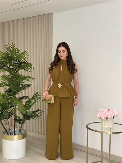 Beli Gold Broşlu Halter Yaka Tulum Yağ Yeşili