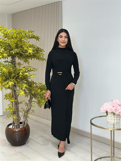 Beli Gold Tokalı Dik Yaka Sandy Kumaş Elbise Siyah