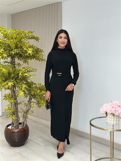 Beli Gold Tokalı Dik Yaka Sandy Kumaş Elbise Siyah