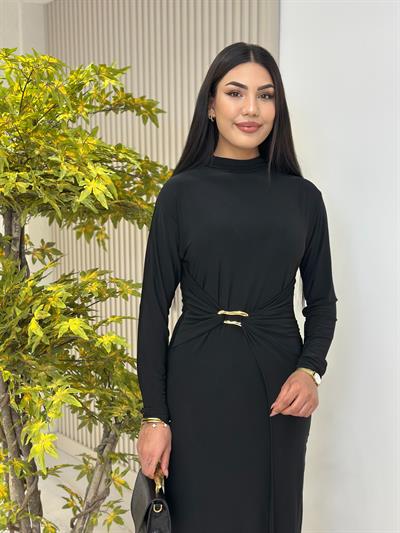 Beli Gold Tokalı Dik Yaka Sandy Kumaş Elbise Siyah