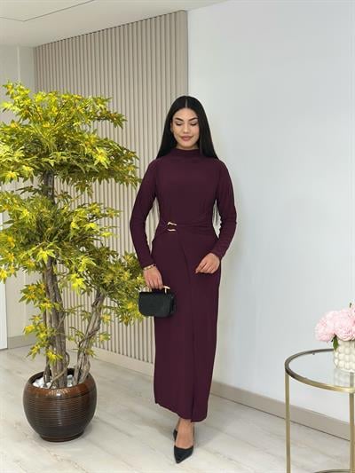 Beli Gold Tokalı Dik Yaka Sandy Kumaş Elbise Mürdüm