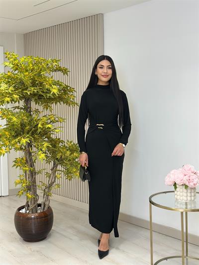 Beli Gold Tokalı Dik Yaka Sandy Kumaş Elbise Siyah