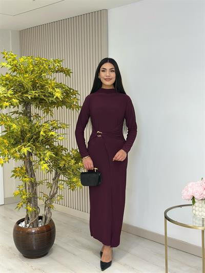 Beli Gold Tokalı Dik Yaka Sandy Kumaş Elbise Mürdüm