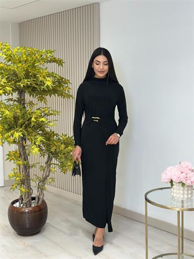 Beli Gold Tokalı Dik Yaka Sandy Kumaş Elbise Siyah