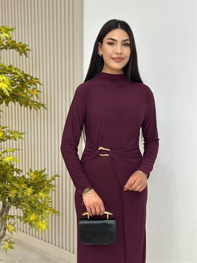 Beli Gold Tokalı Dik Yaka Sandy Kumaş Elbise Mürdüm