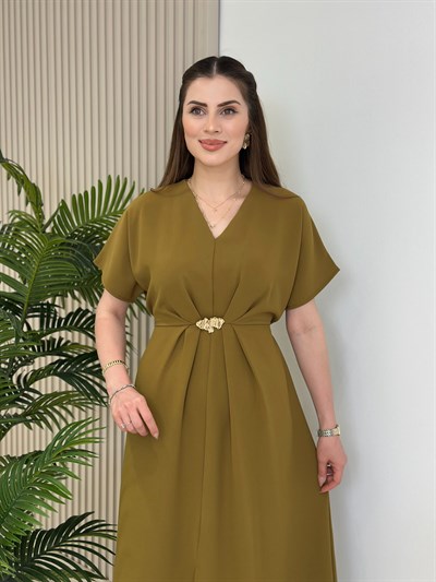 Beli Gold Tokalı Krep Kumaş Elbise Yağ Yeşili