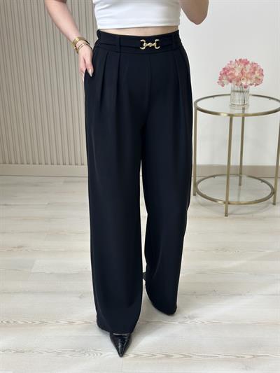 Beli Gold Tokalı Lastikli Palazzo Pantolon Siyah