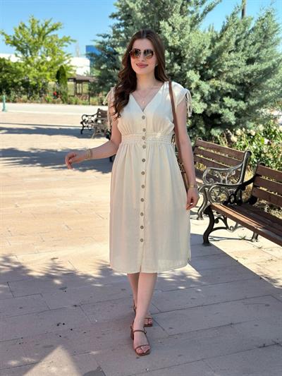 Beli Güpür Detaylı Lastikli Keten Elbise Bej