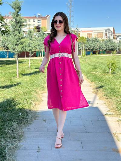 Beli Güpür Detaylı Lastikli Keten Elbise Fuşya