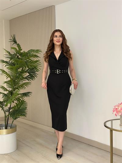 Beli Kemerli Ceket Yaka Elbise Siyah