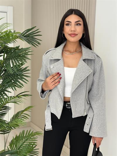 Beli Kemerli Kaşe Ceket Gri