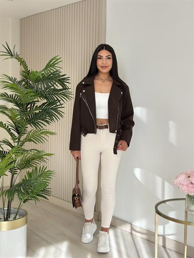 Beli Kemerli Kaşe Ceket Kahve